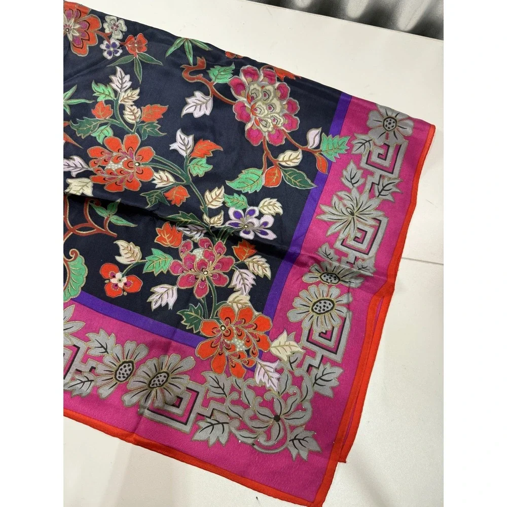 VTG Oscar de La Renta Silk Scarf Floral Pink Fuchsia Navy Blue Square 35